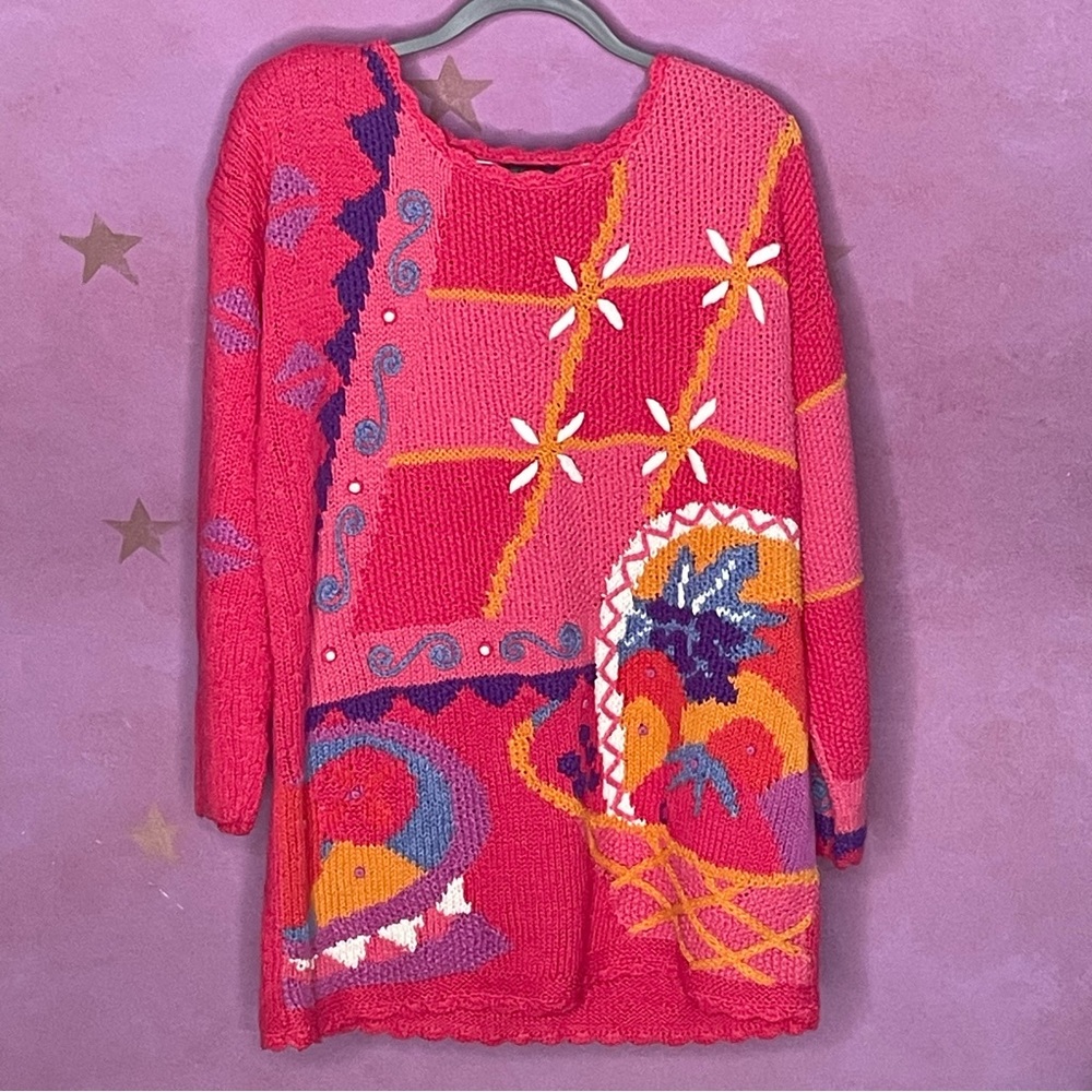 Vintage Segrets Sun Prints Sweater Knitted by Hand Scoop Neck Multicolor Large